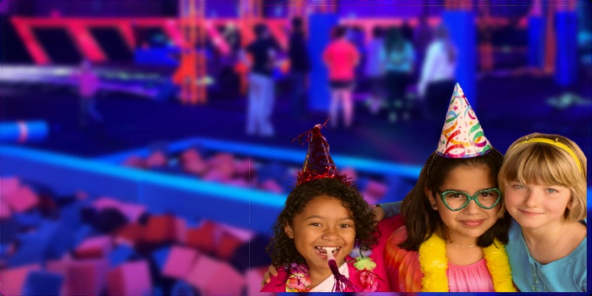 Kids celebrating a colorful birthday party with balloons and cake at AeroSports Windsor